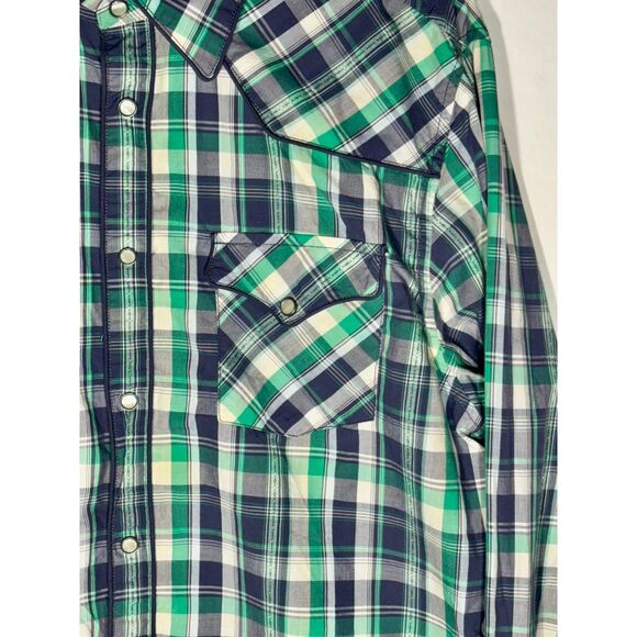 GUESS Men’s Plaid Western Snap Button Shirt Size L Blue Green Long Sleeve Casual - Picture 2 of 6
